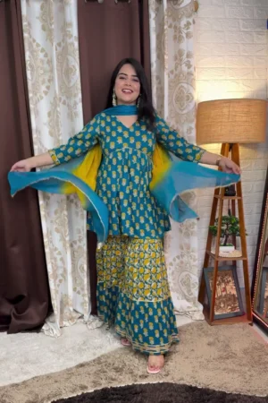 Floral Printed Anarkali Style Kurta with Complementary Churidar and Stylish Dupatta – Vibrant Blue and Yellow Colors