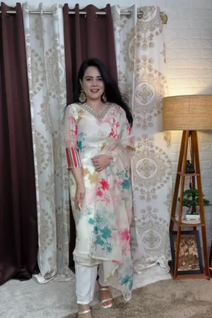 Floral Printed Anarkali Kurta with Elegant Embellished Neckline, Paired with Coordinated Churidar and Light Sheer Dupatta