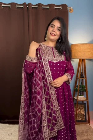 Maroon Embroidered Anarkali Dress with Intricate Threadwork and Sequin Detailing, Paired with a Stylish Dupatta Featuring a Beautifully Crafted Border