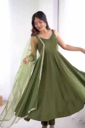 Stunning Olive Green Sleeveless Anarkali Gown Set with Wide Flare: Features Elegant V-Neckline Mirror/Sequin Work and Matching Dupatta with Decorative Border and Trousers