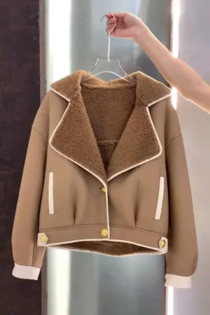Luxury Women's Faux Shearling Lined Aviator Jacket: Stylish Tan Suede-Look Coat with Wide Contrast Collar, White Piping Detail, and Gold Button Accents for Ultimate Winter Warmth