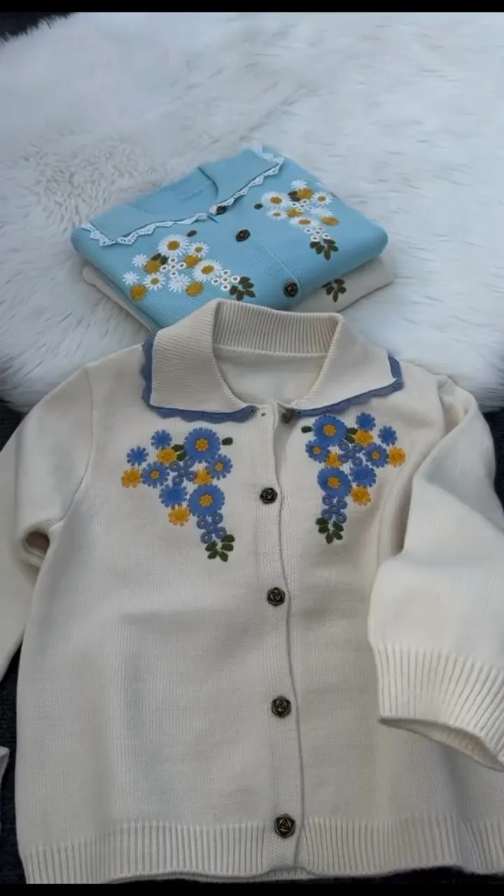 Floral Embroidered Knitted Cardigan for Women – Elegant Lace Collar Button-Down Sweater with Daisy and Flower Design, Soft Cozy Fabric – Stylish Casual Wear for Spring, Autumn & Winter in Cream and Sky Blue Shades - Image 2