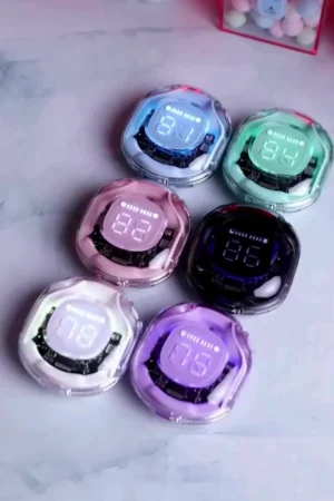 Colorful Transparent Shell Digital Display True Wireless Earbuds: Trendy TWS Headsets with Visible Battery Charge Indicator and Vibrant Aesthetic