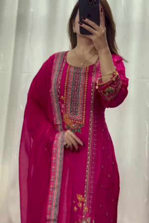 Bright Orange and Pink Silk Lehenga with Heavy Mirror and Thread Work