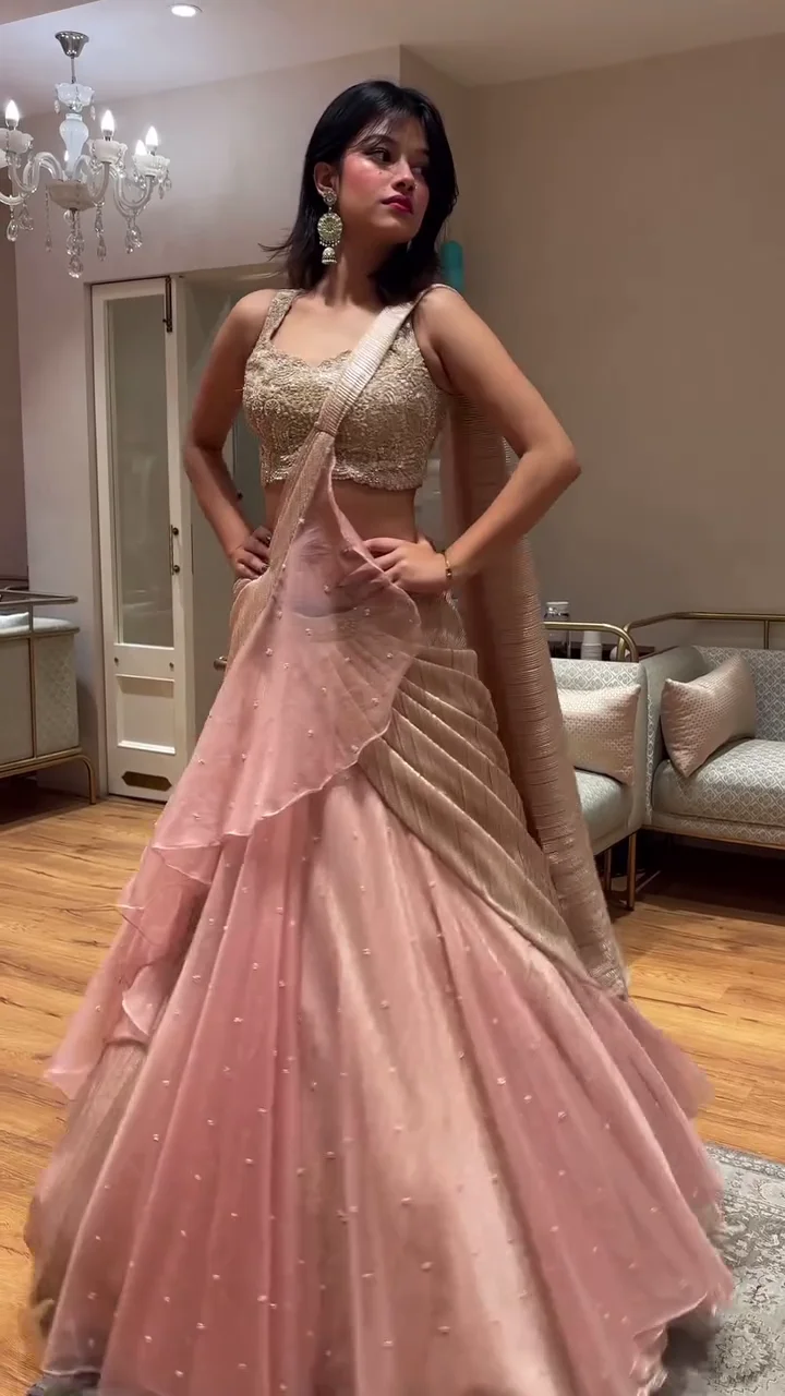 Women’s Designer Blush Pink Lehenga Choli Set | Embroidered Sleeveless Blouse with Layered Net Lehenga & Matching Dupatta | Elegant Party, Wedding & Festive Ethnic Wear