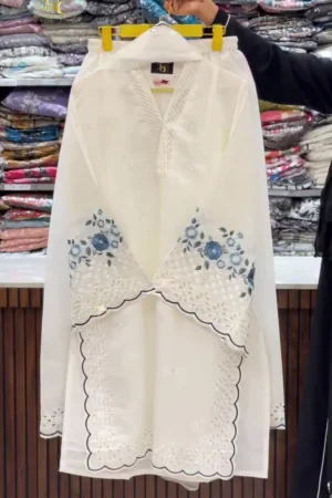 Premium Organza Embroidered 3-Piece Suit Collection – Elegant Floral Cutwork Kurta with Scalloped Borders and Matching Trousers – Luxury Ethnic Wear for Weddings, Festivals, and Special Occasions