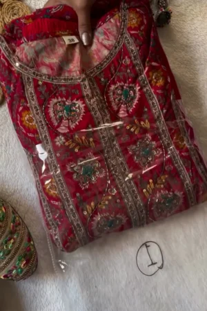 Elegant Deep Red Floral Printed Anarkali Kurta Set with Scalloped Borders and Matching Dupatta