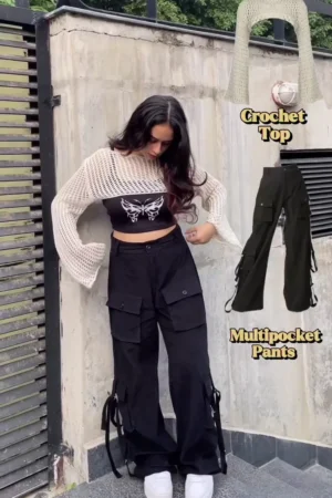 Aesthetic Crochet Shrugs, Edgy Multi-Pocket Cargo Pants, and Coquette-Core Bow Denim – Versatile Streetwear Set for Every Vibe