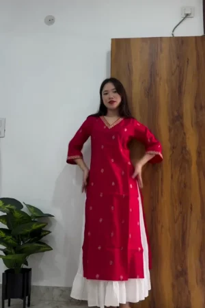 Chic Fuchsia Pink Leaf-Print Straight Kurta with Intricate Lace V-Neckline and Tiered White Sharara Skirt