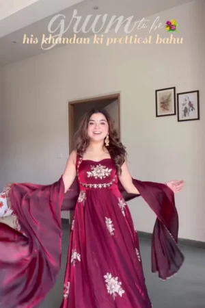 Women's Maroon Floral Printed Flared Anarkali Frock Suit with Dupatta | Ethnic Party