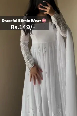 Pristiq Fashion's White Anarkali Gown with Dupatta Set for Women | Anarkali Gown for Women Readymade || Gown for Women 2025