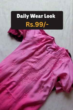 HerClozet Chikankari Silk Blend Top Short Kurti-Pink,40