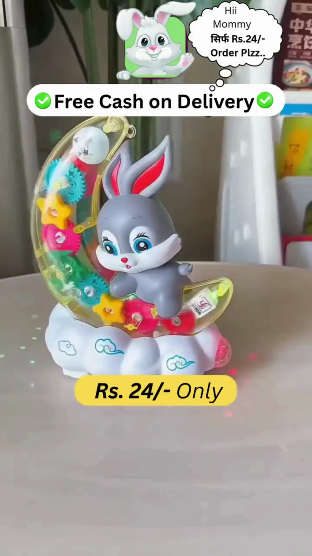Transparent Moon Rabbit Gear Toy with 3D Flashing LED Lights and Music, 360 Rotating Mechanical Gear Musical Electric Toy, Sensory Birthday Gift for Toddlers Boys & Girls Ages 1-3