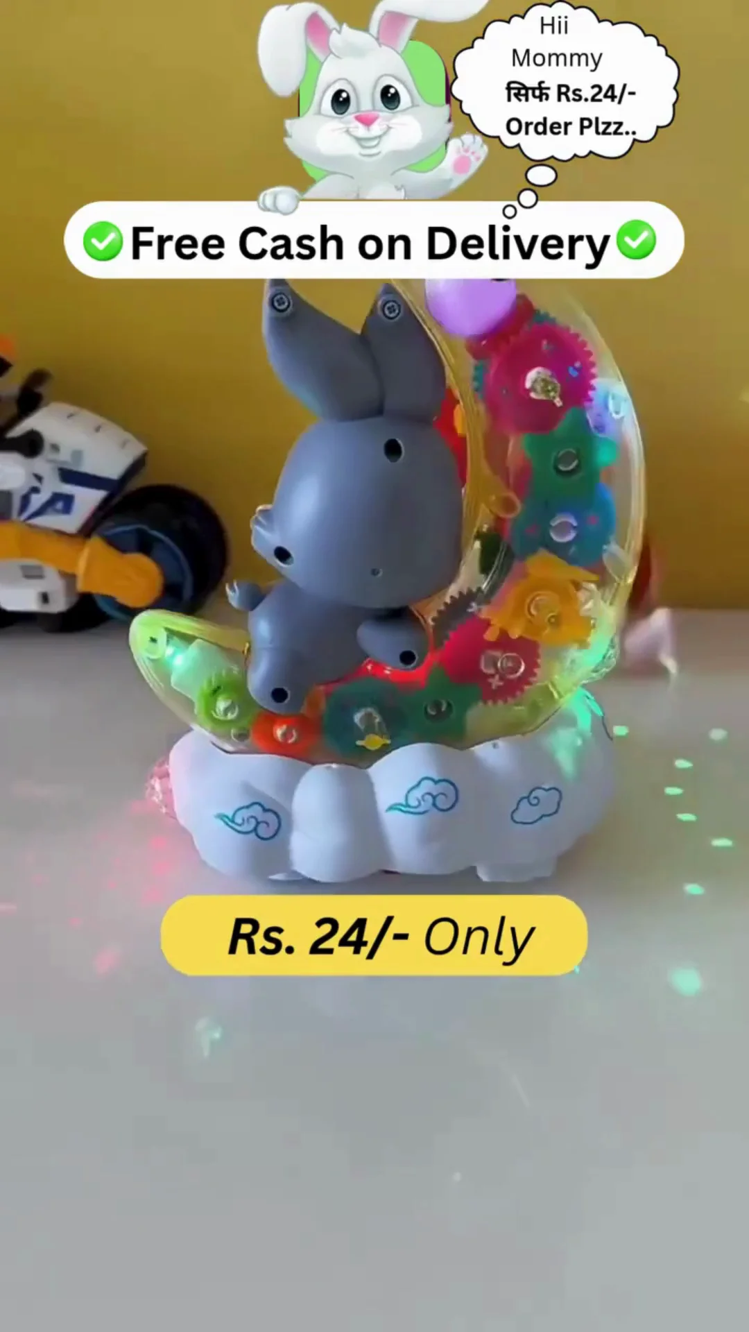 Transparent Moon Rabbit Gear Toy with 3D Flashing LED Lights and Music, 360 Rotating Mechanical Gear Musical Electric Toy, Sensory Birthday Gift for Toddlers Boys & Girls Ages 1-3 - Image 2