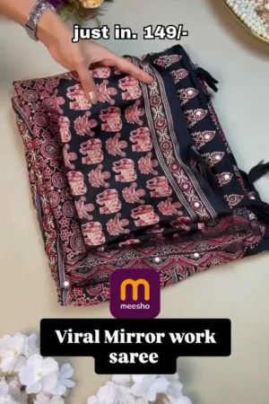 AJRAKH PRINTED MIRROR WORK SATIN SAREE WITH UNSTICHED BLOUSE