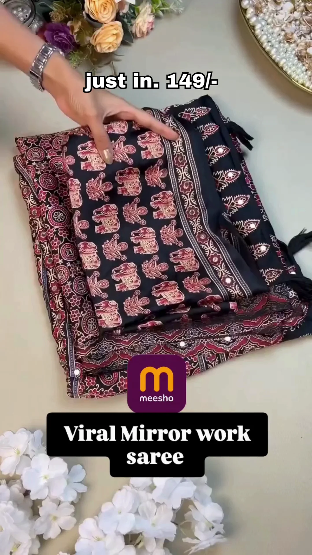 AJRAKH PRINTED MIRROR WORK SATIN SAREE WITH UNSTICHED BLOUSE