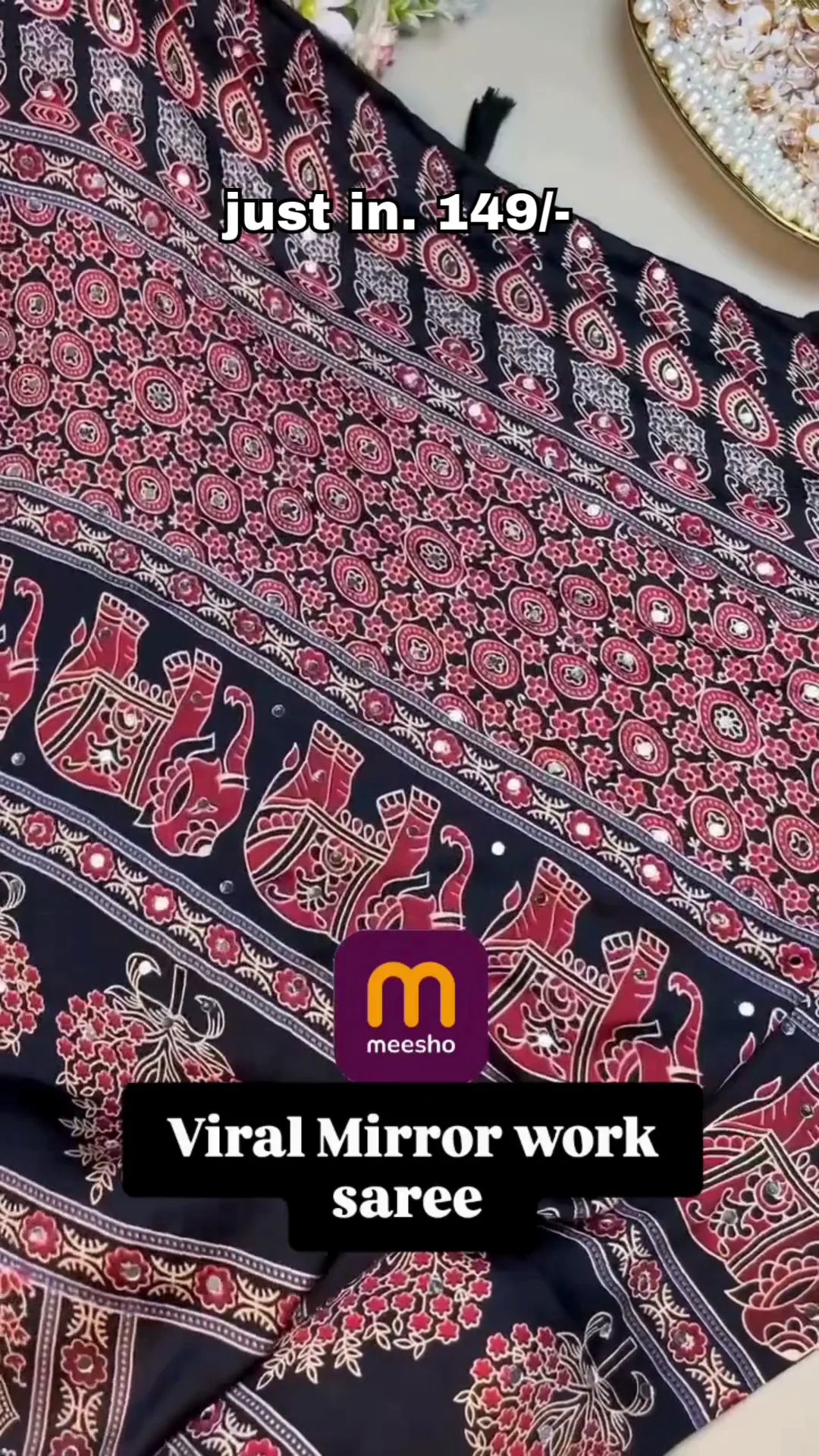 AJRAKH PRINTED MIRROR WORK SATIN SAREE WITH UNSTICHED BLOUSE - Image 2